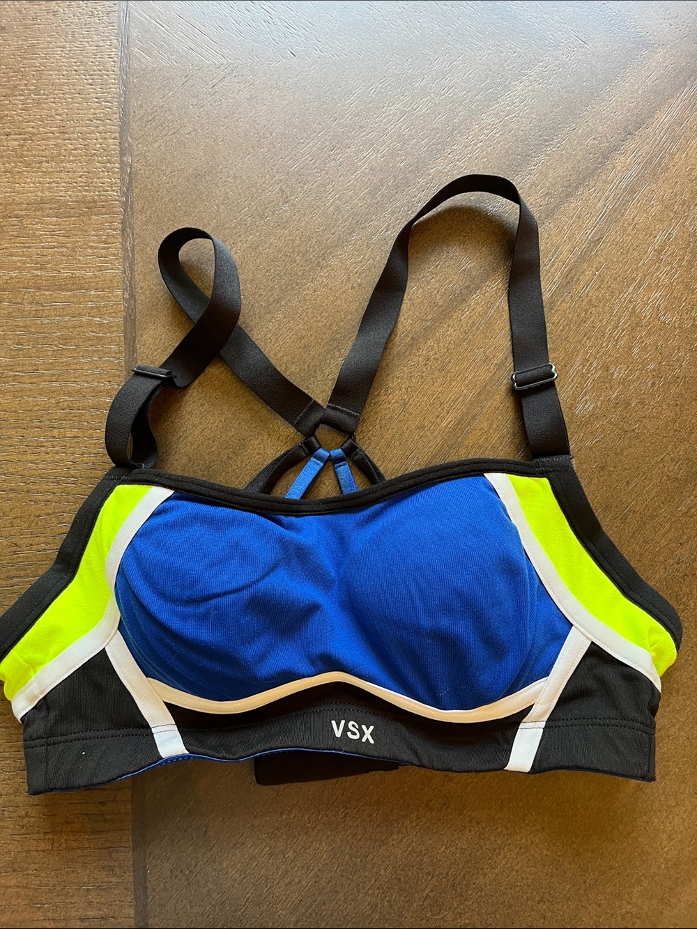 VSX Blue and Neon Green Colorblock Sports Bra with Black Trim